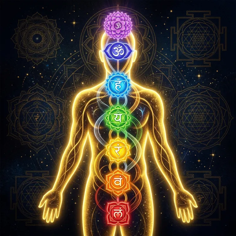 Illustration of the seven chakras along the spine, from Muladhara at the base to Sahasrara at the crown, linked by the Sushumna, Ida and Pingala channels
