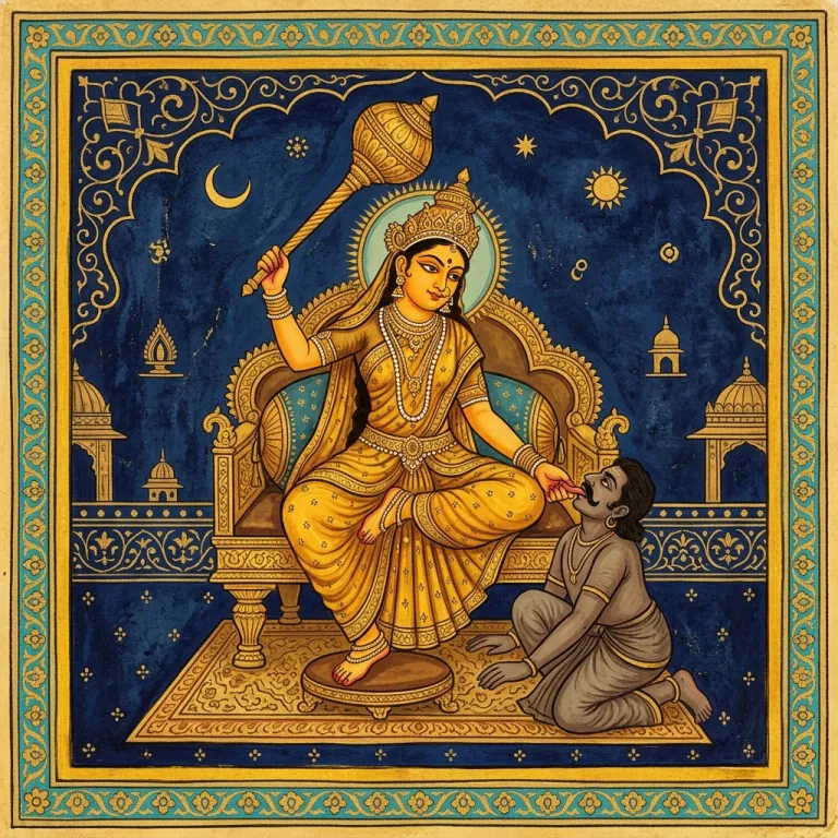 Bagalamukhi, the Mahavidya goddess, in traditional Indian painting style