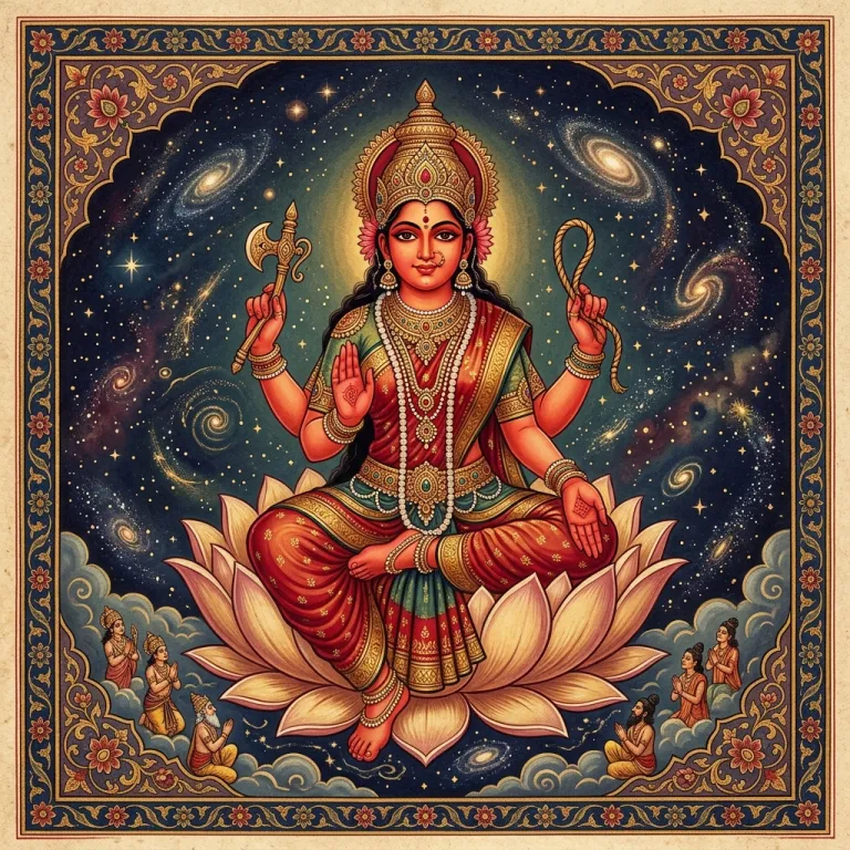 Bhuvaneshwari, the Mahavidya goddess, in traditional Indian painting style