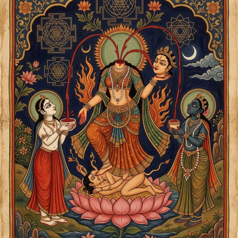Chhinnamasta, the Mahavidya goddess, in traditional Indian painting style