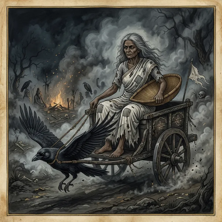 Dhumavati, the Mahavidya goddess, in traditional Indian painting style