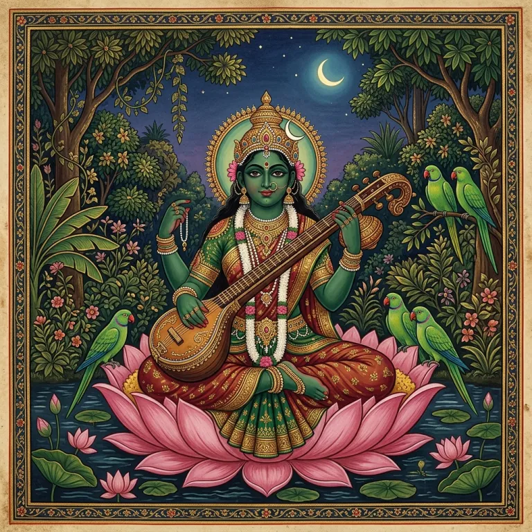 Matangi, the Mahavidya goddess, in traditional Indian painting style
