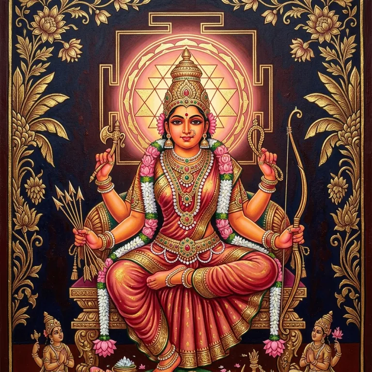 Tripurasundari, the Mahavidya goddess, in traditional Indian painting style