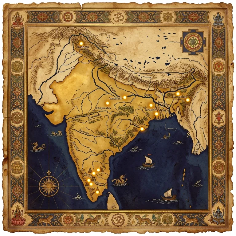 Illustrated map of India showing major Tantric and Shakti sites, with Kamakhya in Assam in the north-east