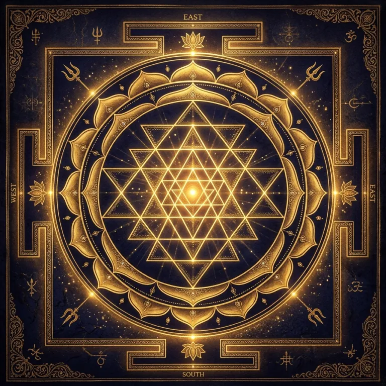 Sri Yantra diagram with nine interlocking triangles around a central bindu, two lotus rings and a square outer frame, of the kind kept in home shrines